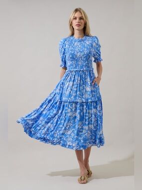 Sugar Lips Odella Floral Analisa Smocked Midi Dress Medium New With Tags